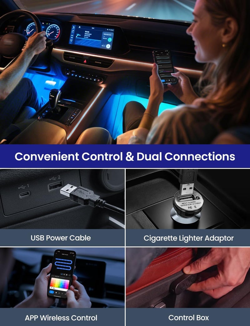 SUNLINKCO RGB+IC Car LED Lights, Smart 72 LED Car Interior Lights with App Control, 16 Million Colors Under Dash Light with Music Mode, Scene Mode, 2 Lines Design Light for Cars SUVs Trucks with Car Charger - Image 4